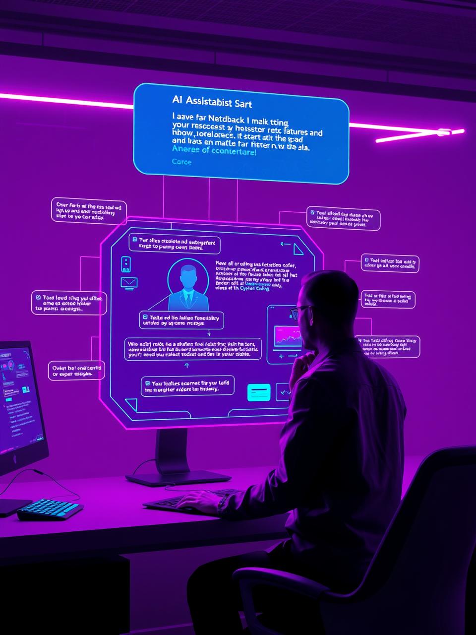 Person writing prompts to an AI assistant on a holographic interface