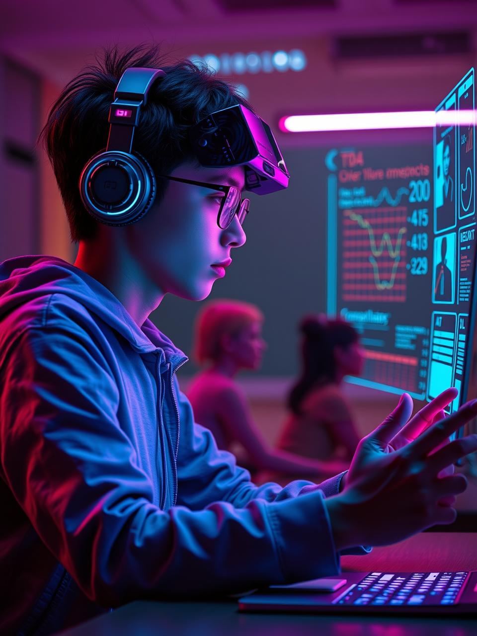 Estudiante interactuando con asistente de IA en entorno educativo virtual.